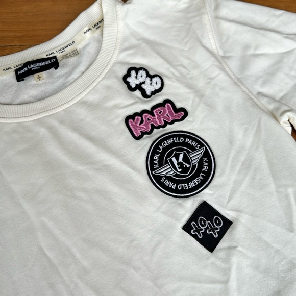 White Karl Lagerfeld Sweater with Embroidered Patches. - Picture 1 of 3